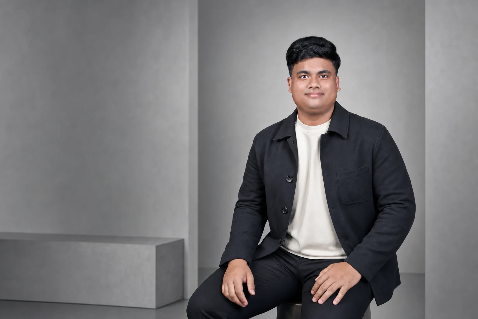Portrait editorial berwarna Alvansya Hawari Wijaya dalam pakaian smart casual di studio abu-abu