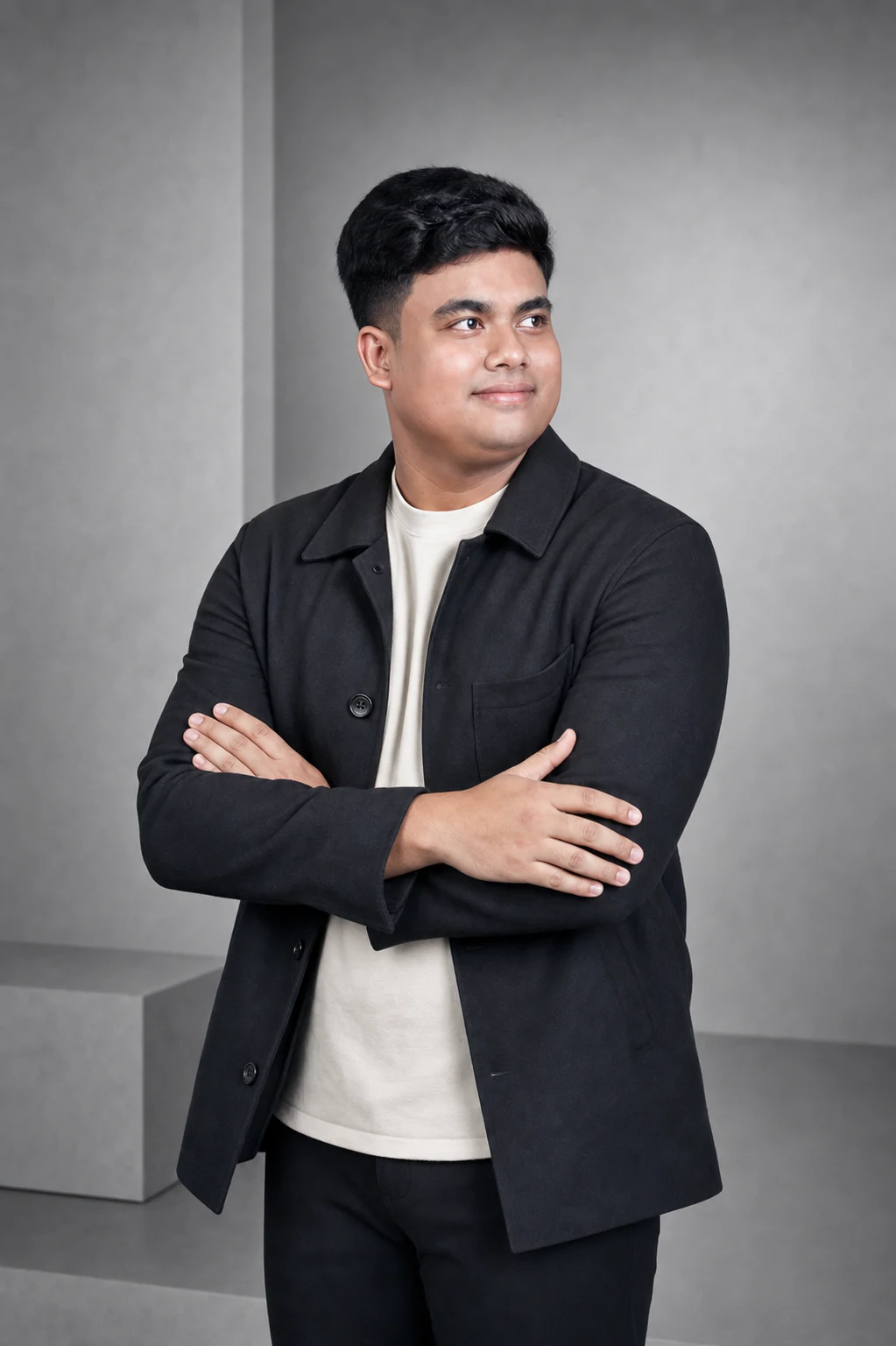Portrait Alvansya Hawari Wijaya menghadap kanan dengan latar studio abu-abu